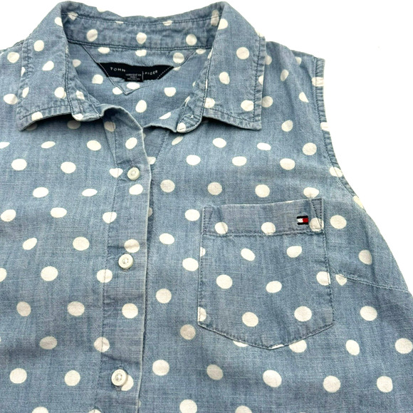 TOMMY HILFIGER Womens Small Blue Jean Denim White Polka Dot Button Up Vest Shirt - Picture 1 of 8